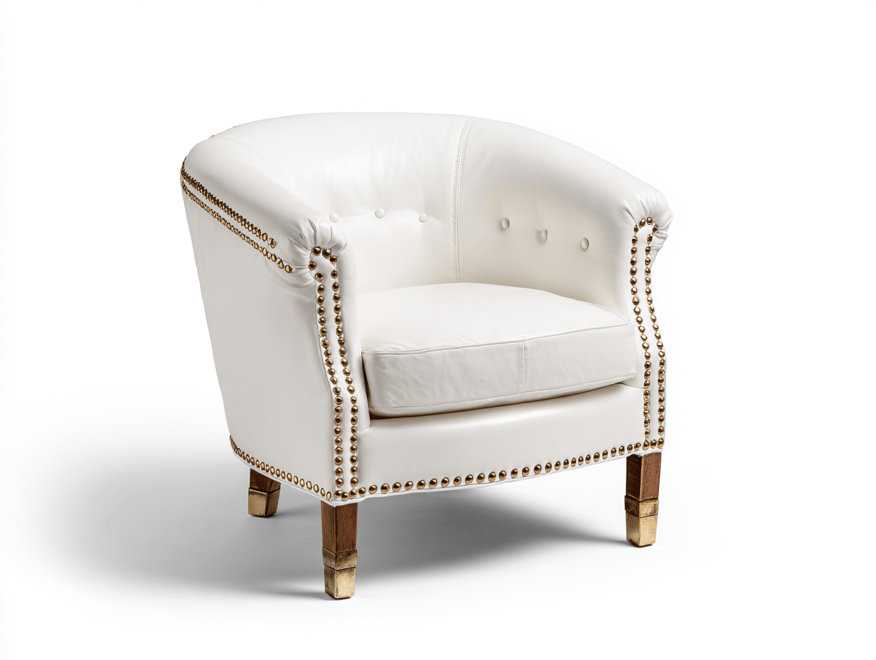 Fauteuil – echt leer – wit – klassieke tub vorm met messing details