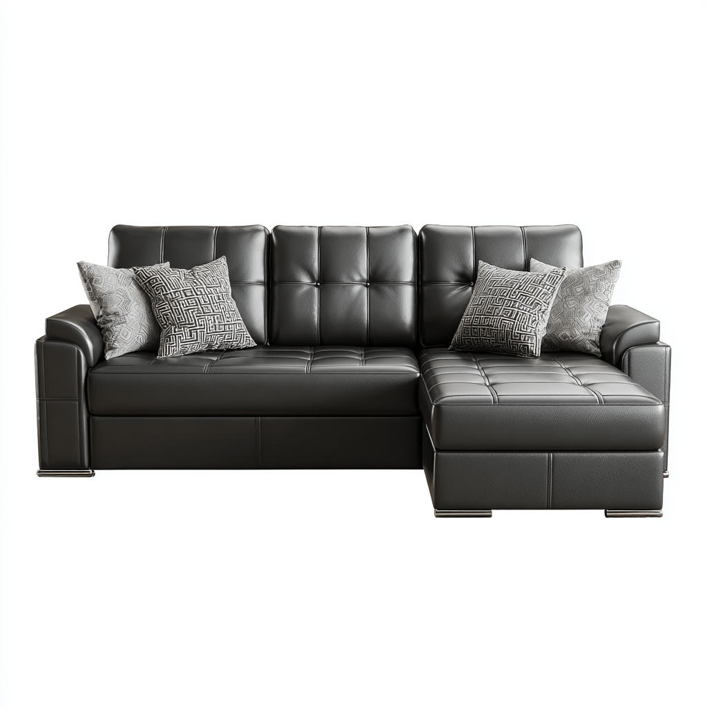 Hoekbank – kunstleer – zwart – met chaise longue, drie rugkussens en vier sierkussens