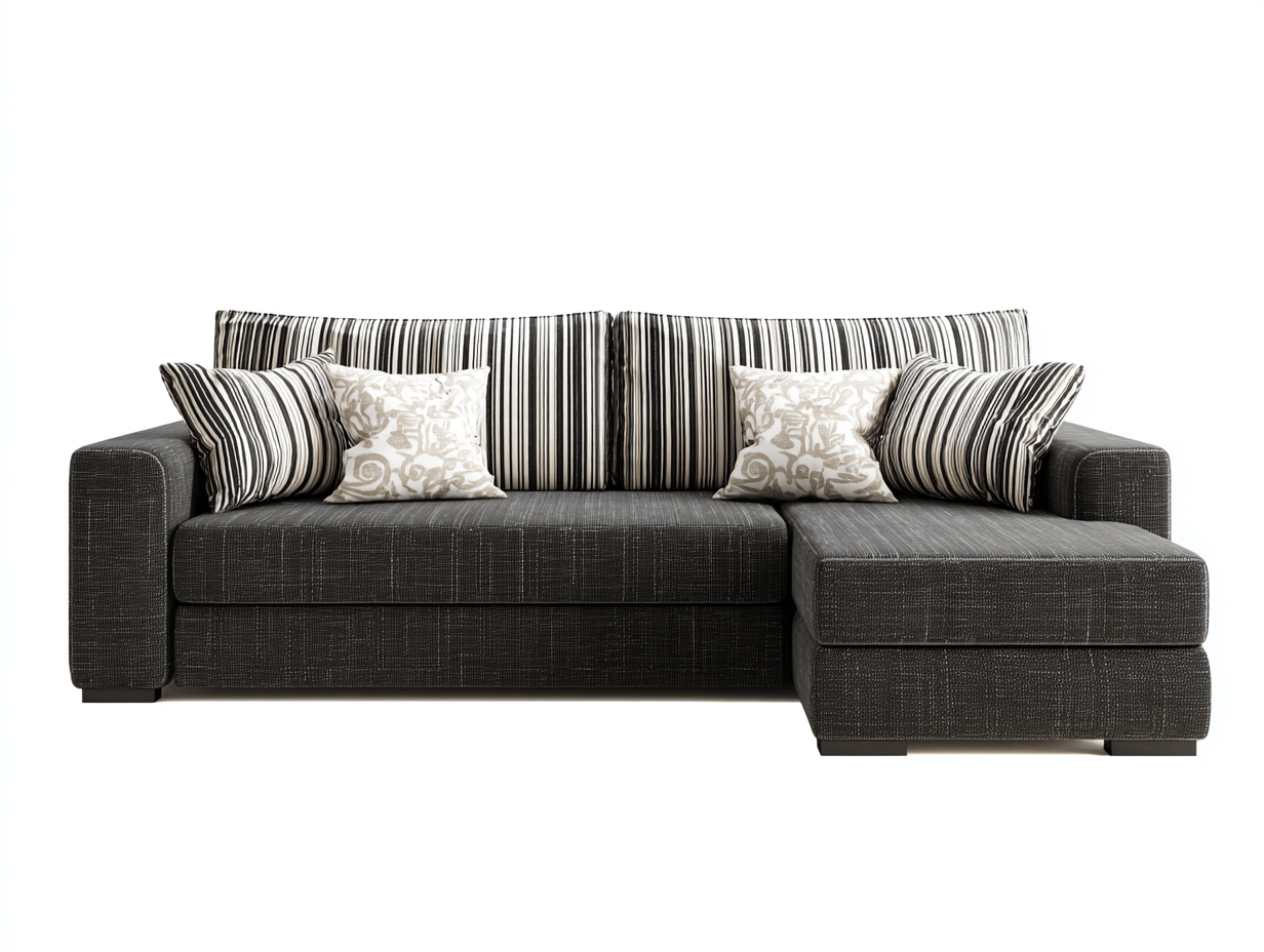 Stoffen hoekbank – donkergrijs – met chaise longue en twee rugkussens + vier sierkussens
