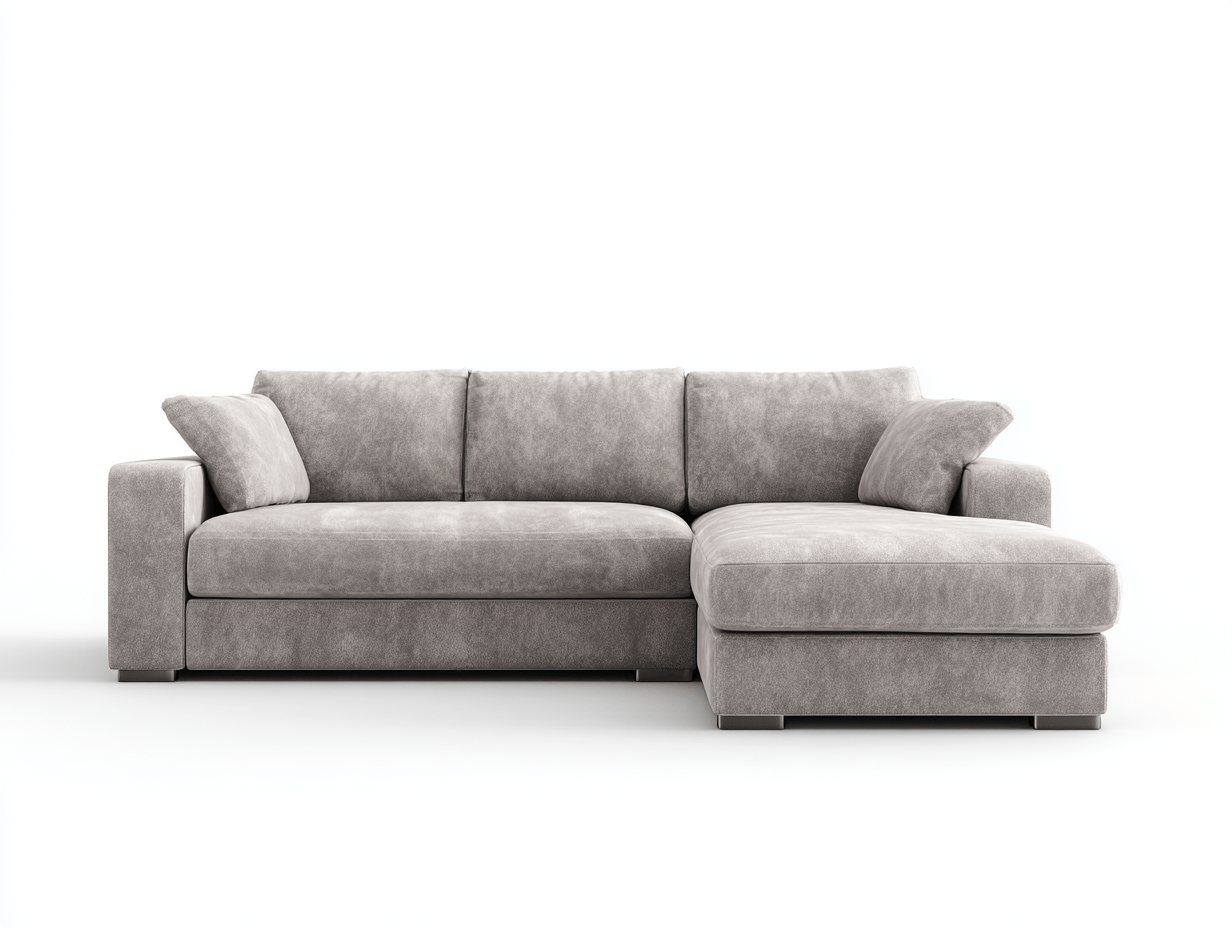 L-vorm hoekbank – stof – lichtgrijs – met 3 rugkussens en 2 sierkussens