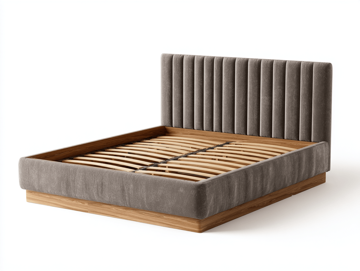 Tweepersoonsbed met stoffen bekleding – grijs – houten lattenbodem – modern design