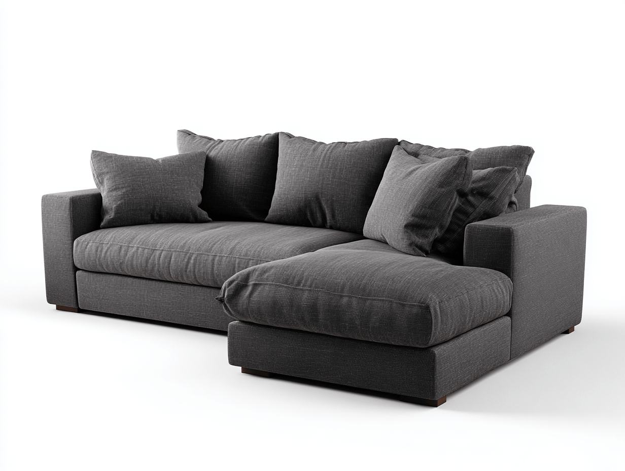 L-vorm hoekbank – stof – donkergrijs – met 3 rugkussens en 3 sierkussens