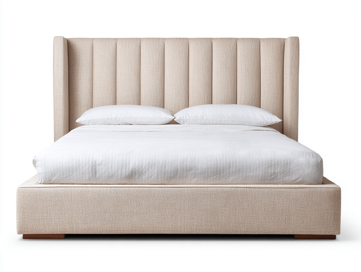 Gestoffeerde tweepersoonsbed - beige stof - hoog hoofdbord