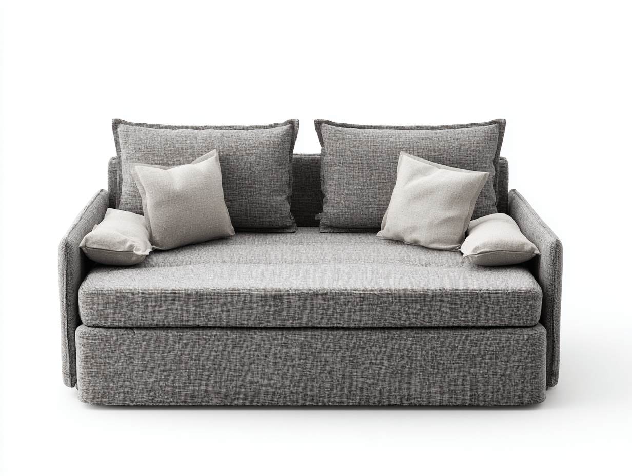 Slaapbank - grijze stof - met 2 rugkussens en 4 sierkussens