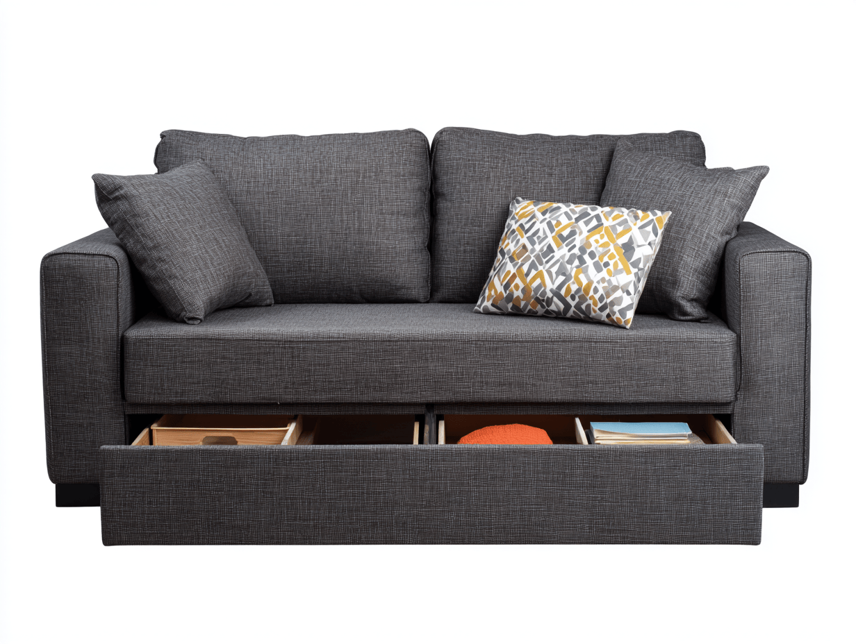 3-zitsbank – stof – donkergrijs – met opberglade – inclusief 2 rugkussens en 3 sierkussens