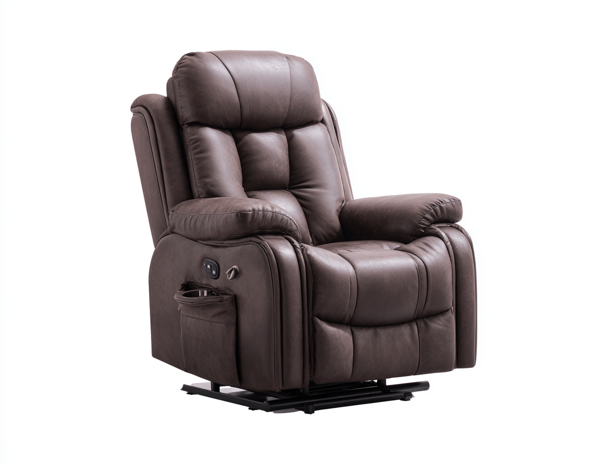 Relaxfauteuil – synthetisch leer – donkerbruin – met bekerhouder en opbergtas – handmatig verstelbaar