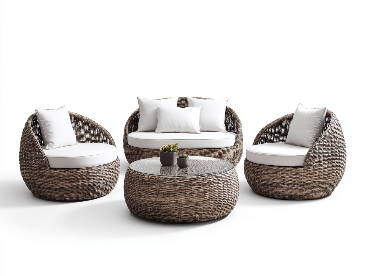 Tuinmeubelset vlechtwerk - grijs/wit - rond design met kussens