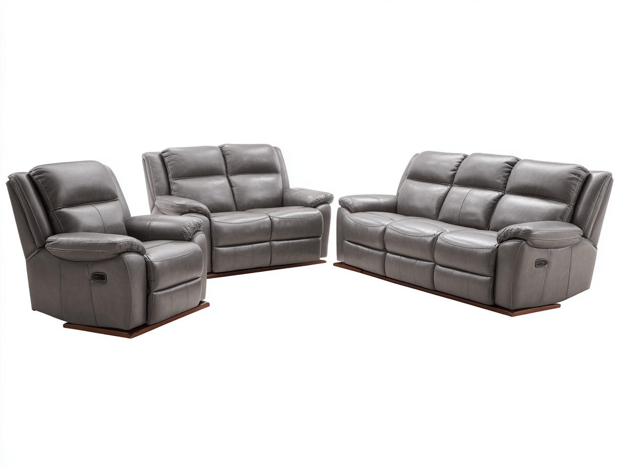 3-zits bank, 2-zits bank en fauteuil set – echt leer – grijs – met relaxfunctie