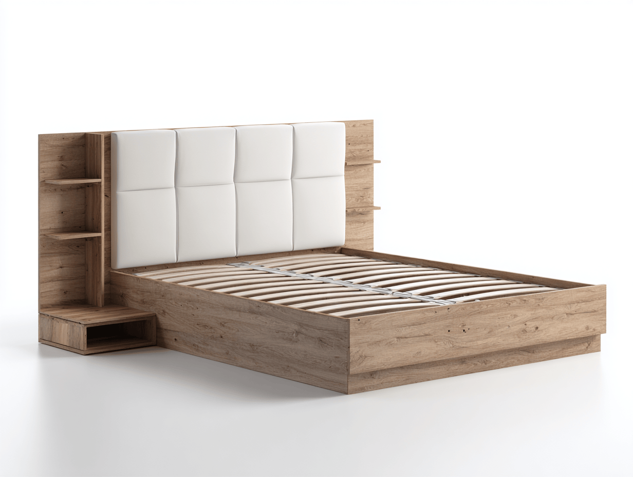 Tweepersoonsbed hout/wit – met hoofdbord en opbergrekken – modern design