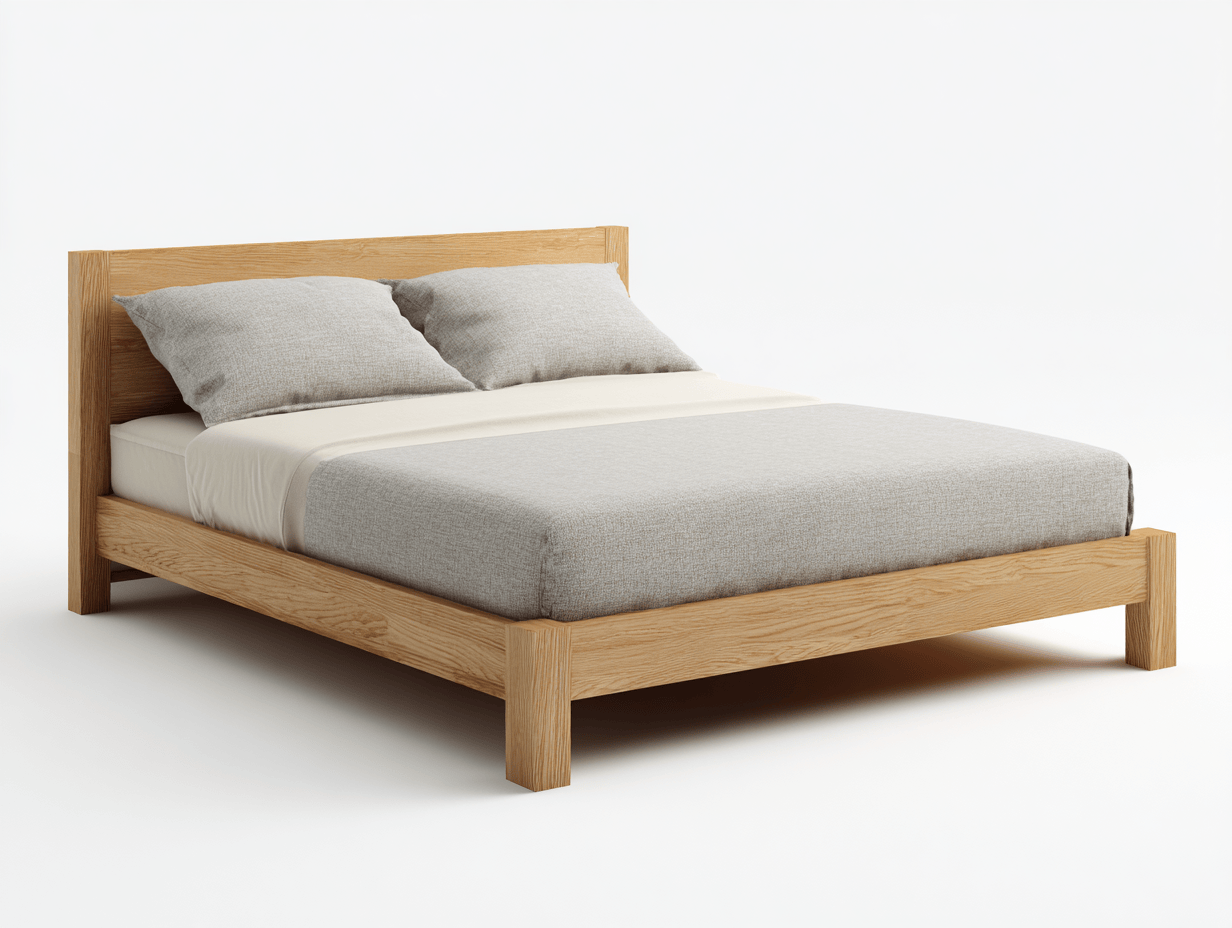Tweepersoonsbed – massief hout – naturel/lichtgrijs – met hoofdbord en matras – inclusief 2 kussens