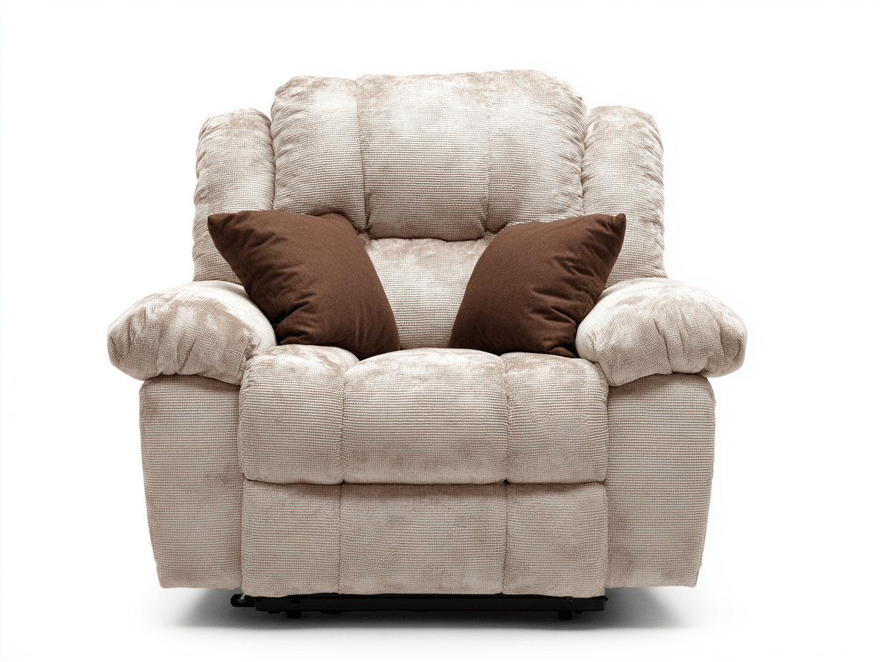 Fauteuil stof - beige - met twee bruine sierkussens
