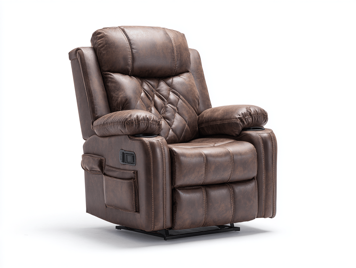 Fauteuil relax met liftfunctie – kunstleer – bruin – modern – met bekerhouder en zijvak