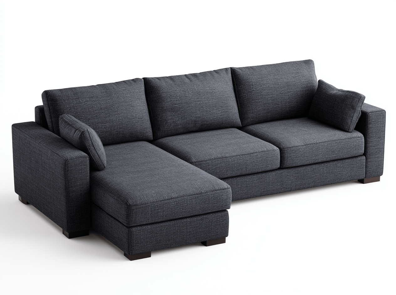 L-vorm hoekbank – stof – donkergrijs – met 3 rugkussens en 2 sierkussens