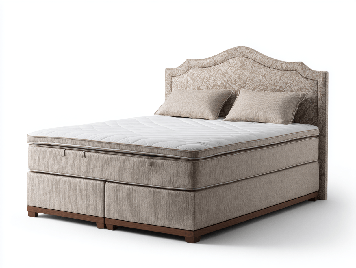 Boxspring bed – beige stof – klassiek gebogen hoofdbord – met matras en topmatras – inclusief sierkussens