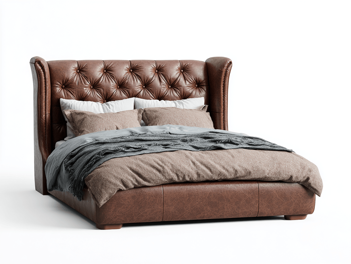 Boxspring bed – bruin kunstleer – gecapitonneerd vleugel hoofdbord – met matras en sierkussens