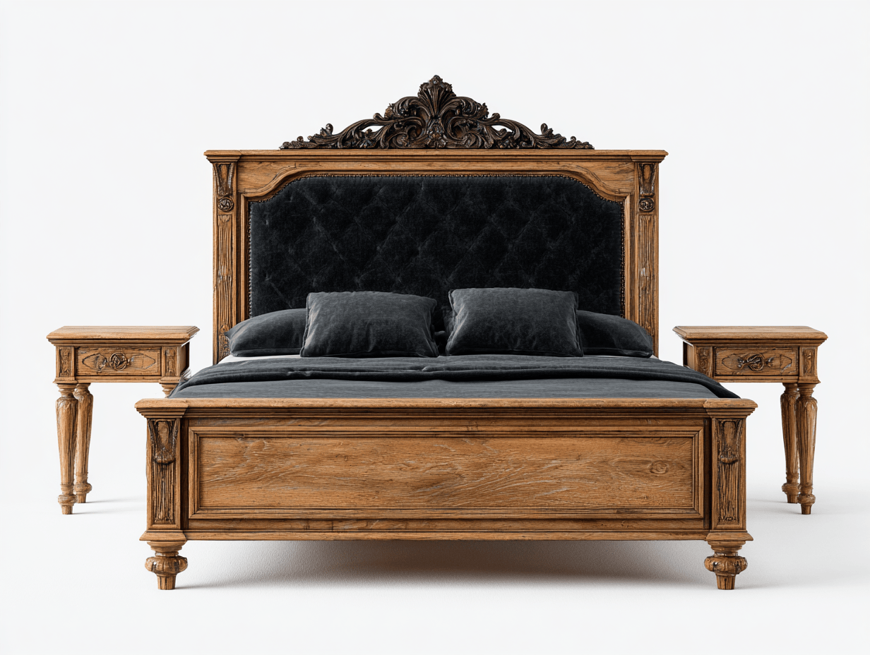 Tweepersoonsbed van massief hout – zwart gestoffeerd hoofdbord – klassieke vintage stijl – inclusief nachtkastjes – met matras en 4 sierkussens