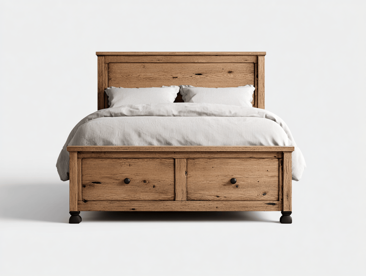 Tweepersoonsbed – massief hout – met opberglades matras en twee kussens