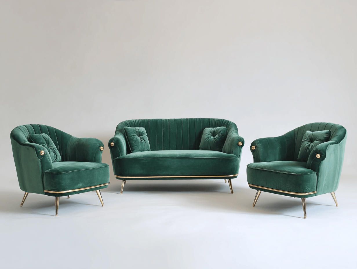 Tweepersoonsbank en twee fauteuils set - donkergroene fluwelen stof - metalen poten - elegant design