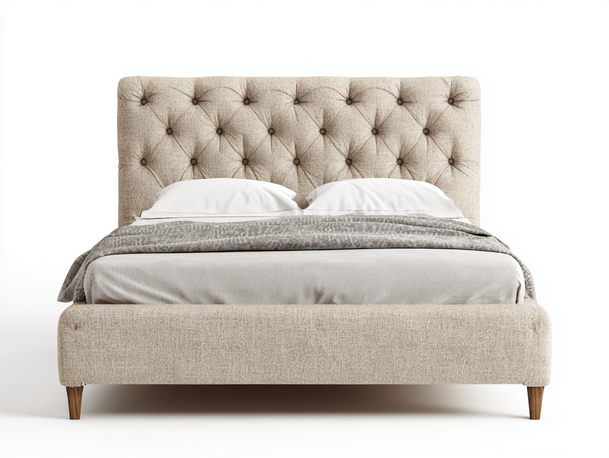 Gestoffeerde tweepersoonsbed - beige stof - klassiek gecapitonneerd hoofdbord