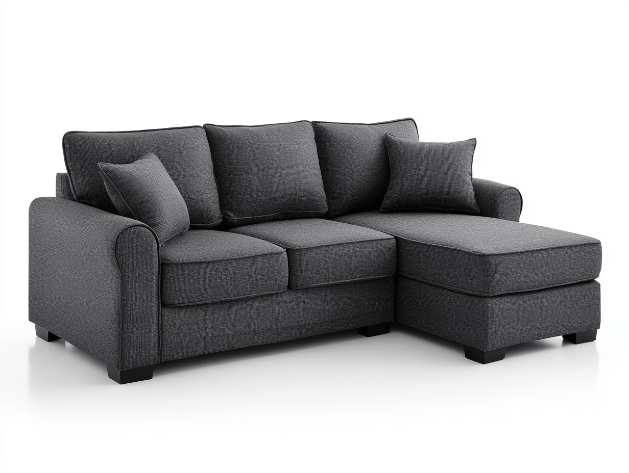 L-vorm hoekbank – stof – donkergrijs – met 3 rugkussens en 2 sierkussens