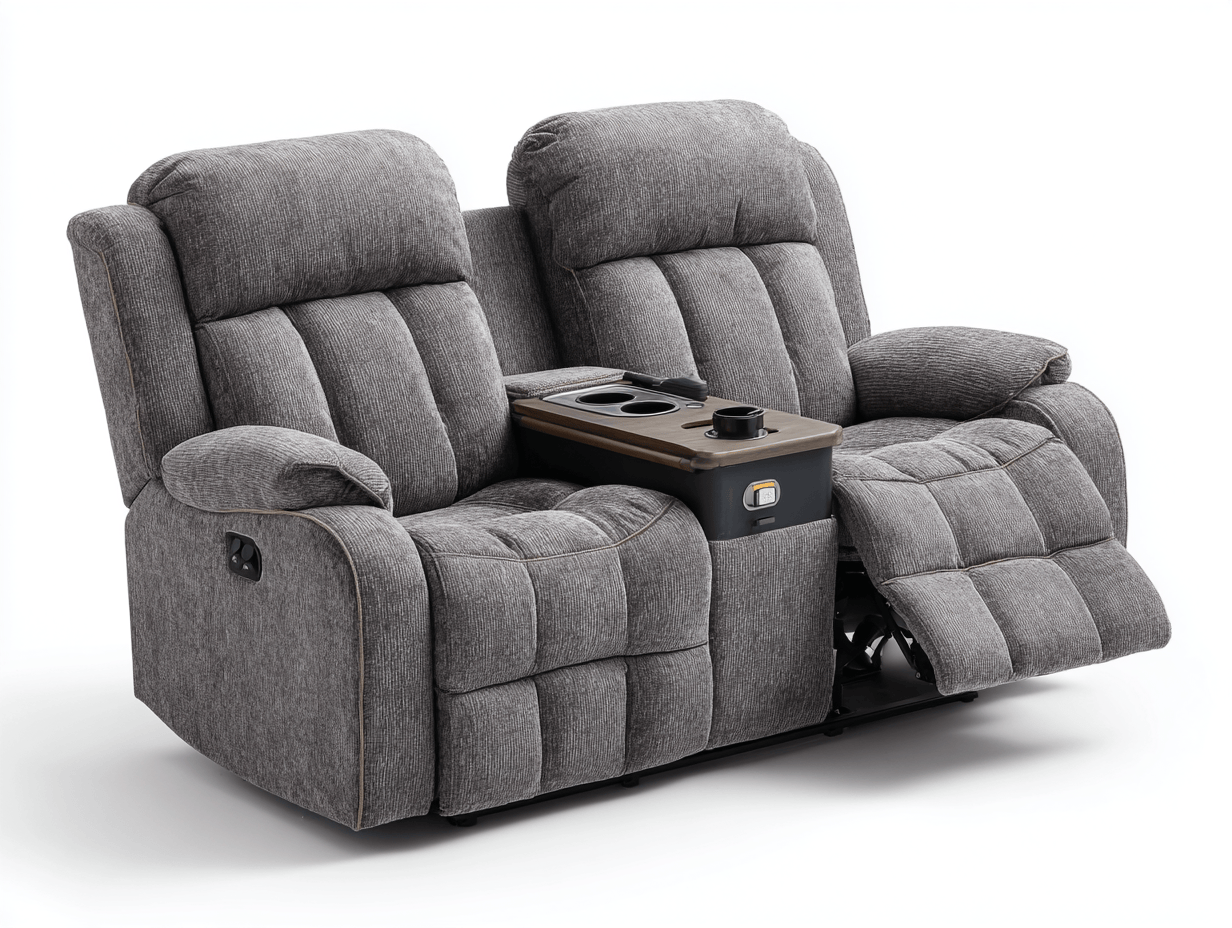 2-zits relaxbank – grijze stof – met ligfunctie en middenconsole