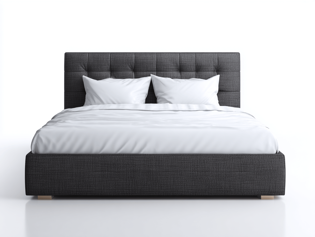 Tweepersoons bed – stof zwart – met gecapitonneerd hoofdbord matras en 2 sierkussens