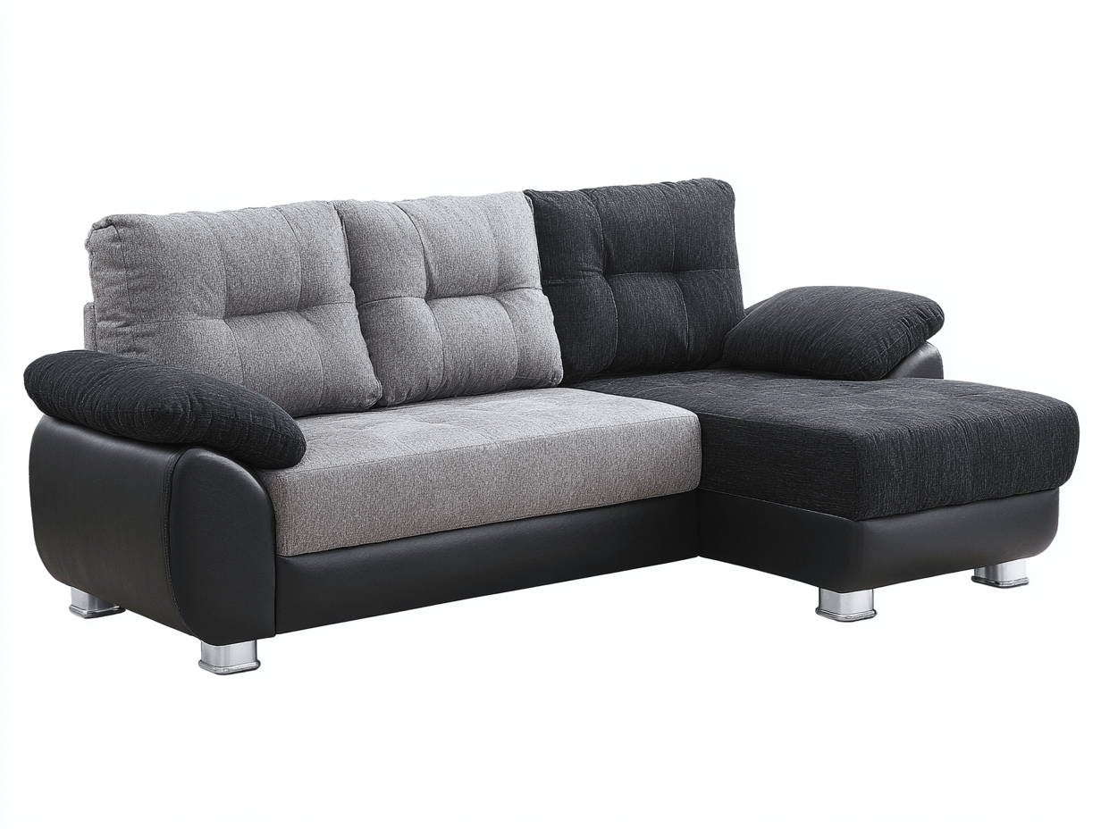 Hoekbank – stof/kunstleer – zwart en lichtgrijs – met chaise longue, drie rugkussens en twee armkussens