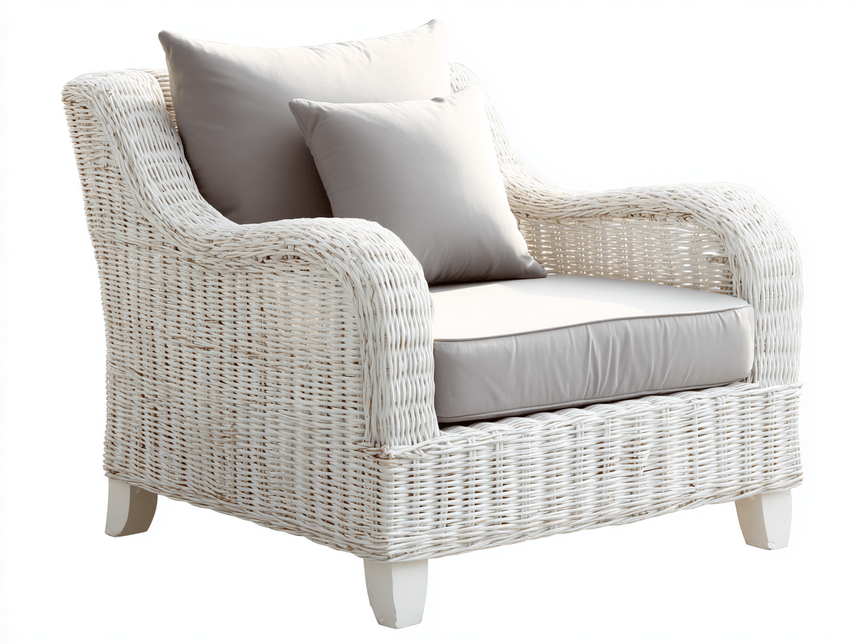 Rotan fauteuil - wit met zitkussen rugkussen en sierkussen - geschikt voor tuin en terras