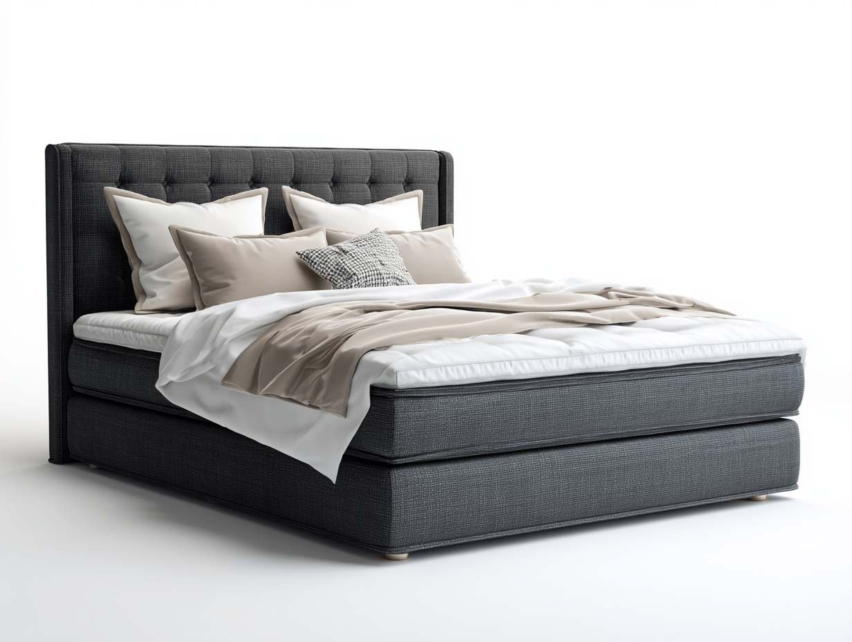 Boxspringbed – donkergrijs textiel – met matras en topper – inclusief vijf decoratieve kussens