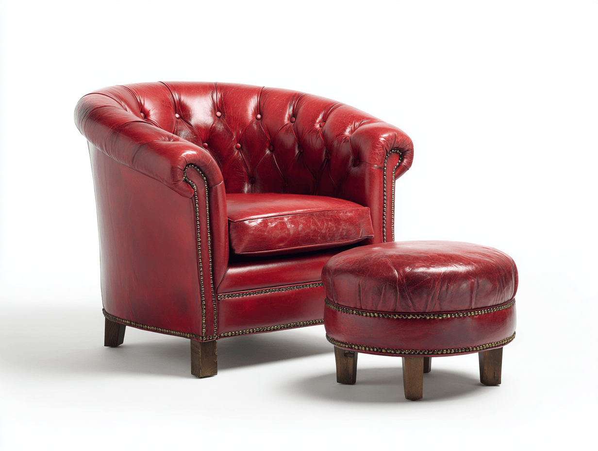 Fauteuil – echt leer – rood – capitonné met voetenbankje