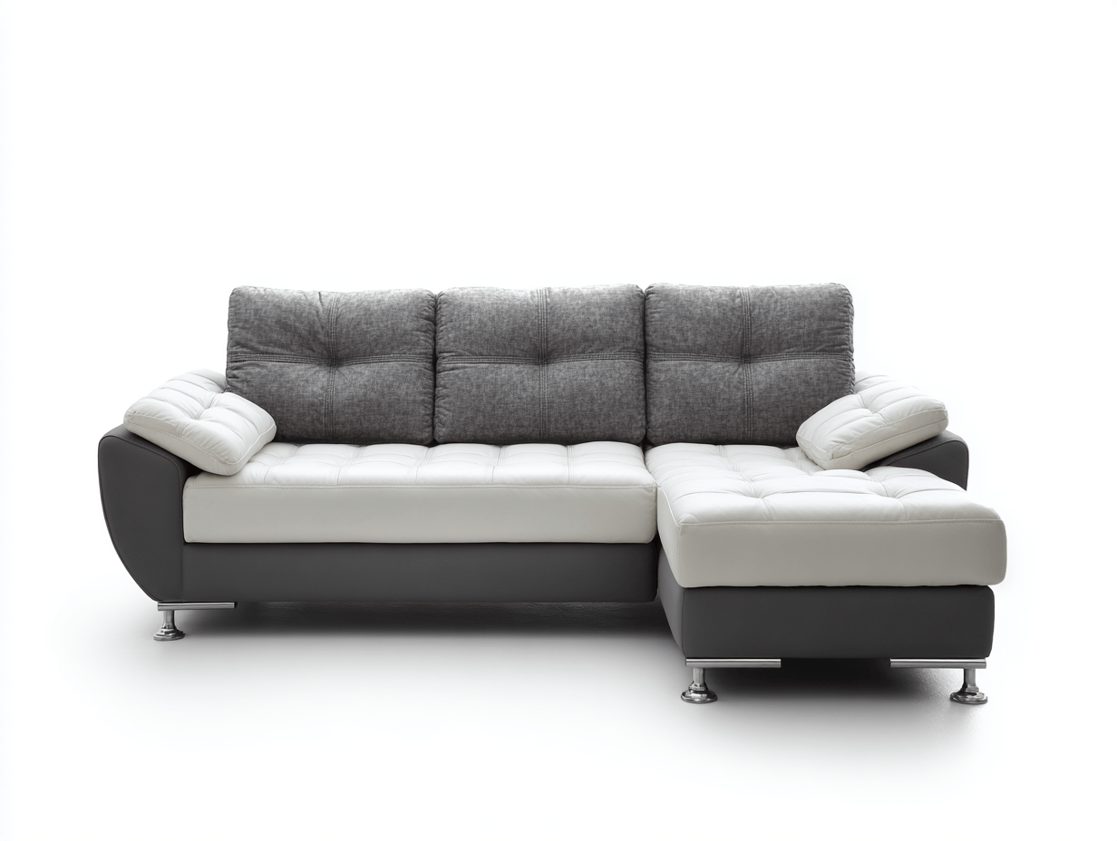 Hoekbank – kunstleer/stof grijs en wit – met chaise longue en kussens