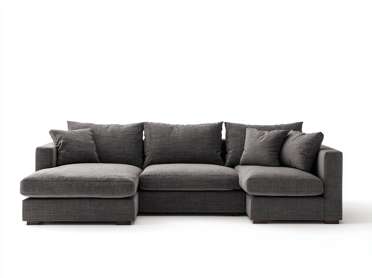 L-vorm hoekbank – stof – donkergrijs – met 3 rugkussens en 3 sierkussens