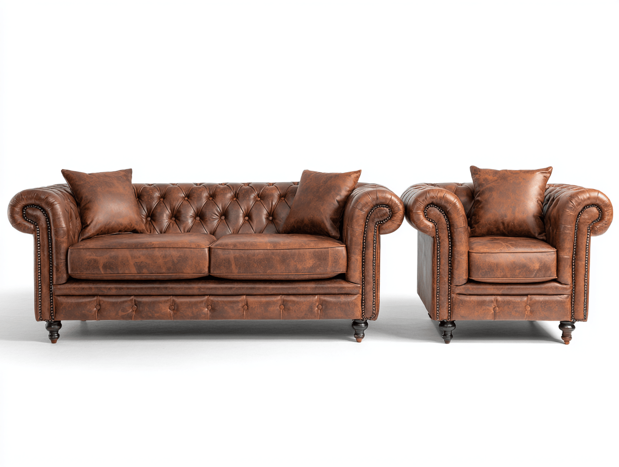 2-zitsbank en fauteuilset – bruin kunstleer – klassiek Chesterfield ontwerp