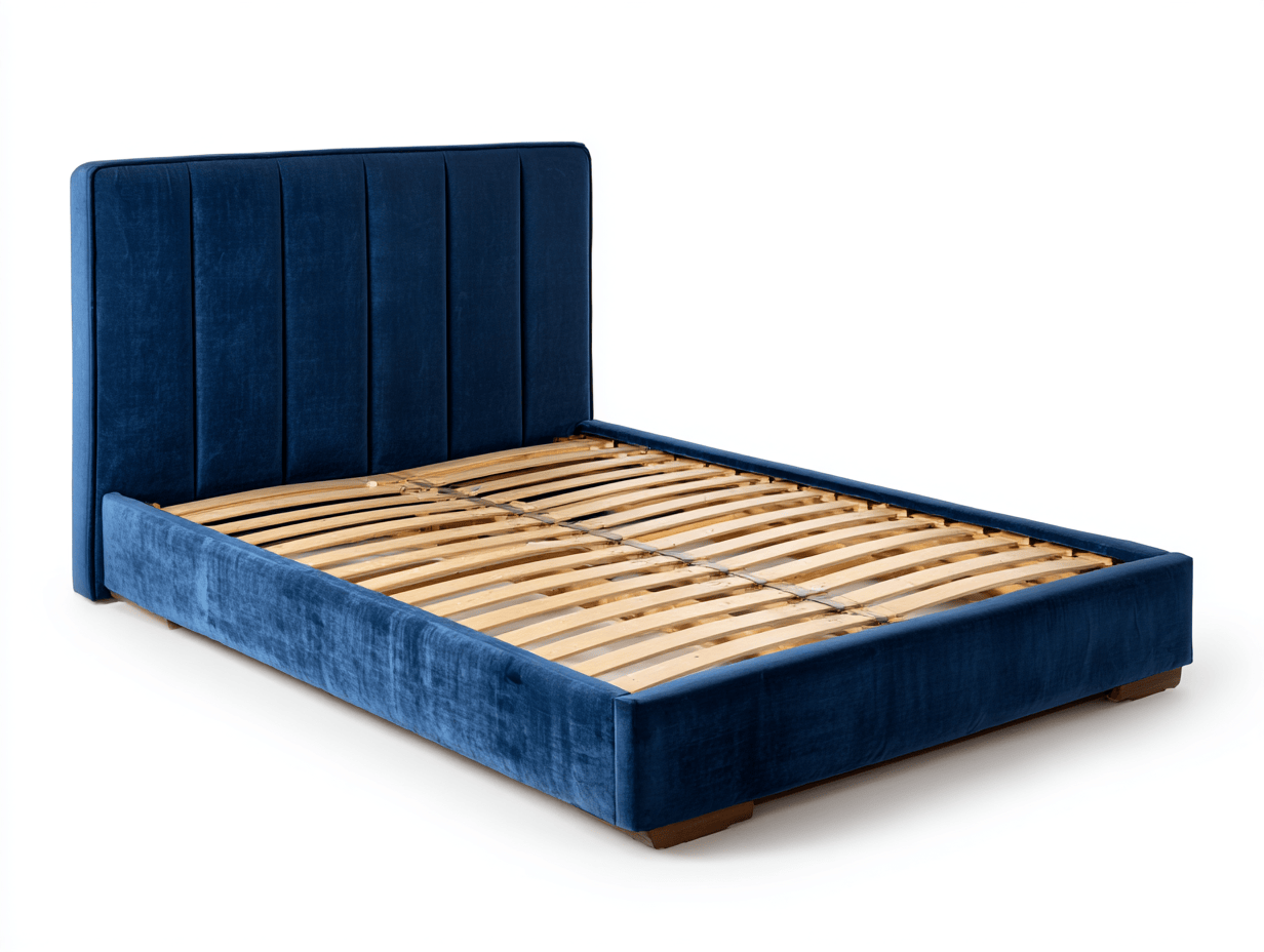 Tweepersoonsbed - fluweel donkerblauw textiel - houten lattenbodem - modern design