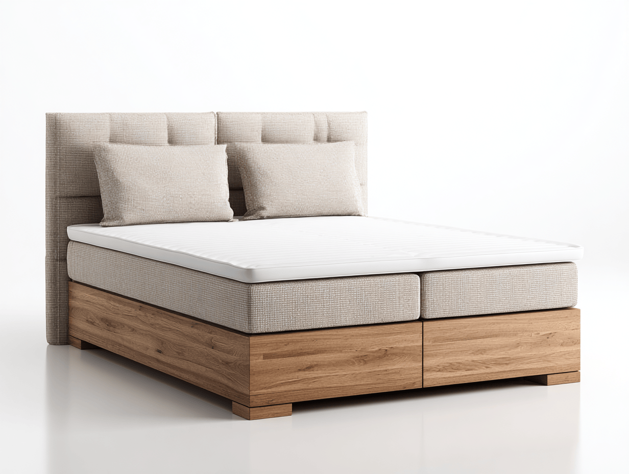 Boxspring tweepersoonsbed – beige en hout – met matras topper en twee kussens