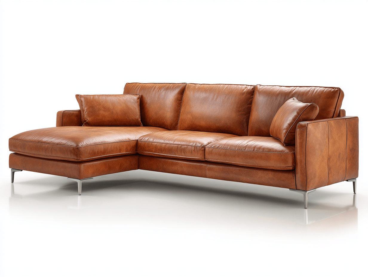 Hoekbank - kunstleer bruin - met chaise longue en kussens