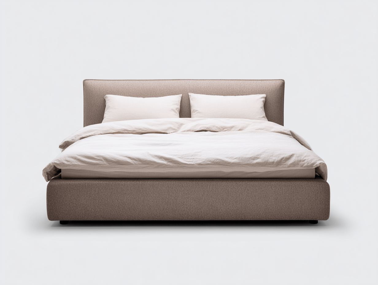 Tweepersoonsbed – stof – lichtbruin – met hoofdbord en matras – inclusief 2 sierkussens