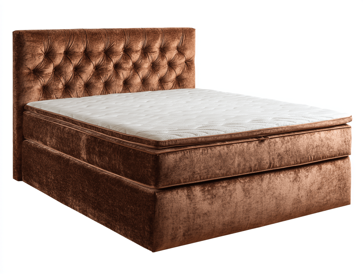 Tweepersoons boxspringbed – fluweel bruin – met gecapitonneerd hoofdbord en topper