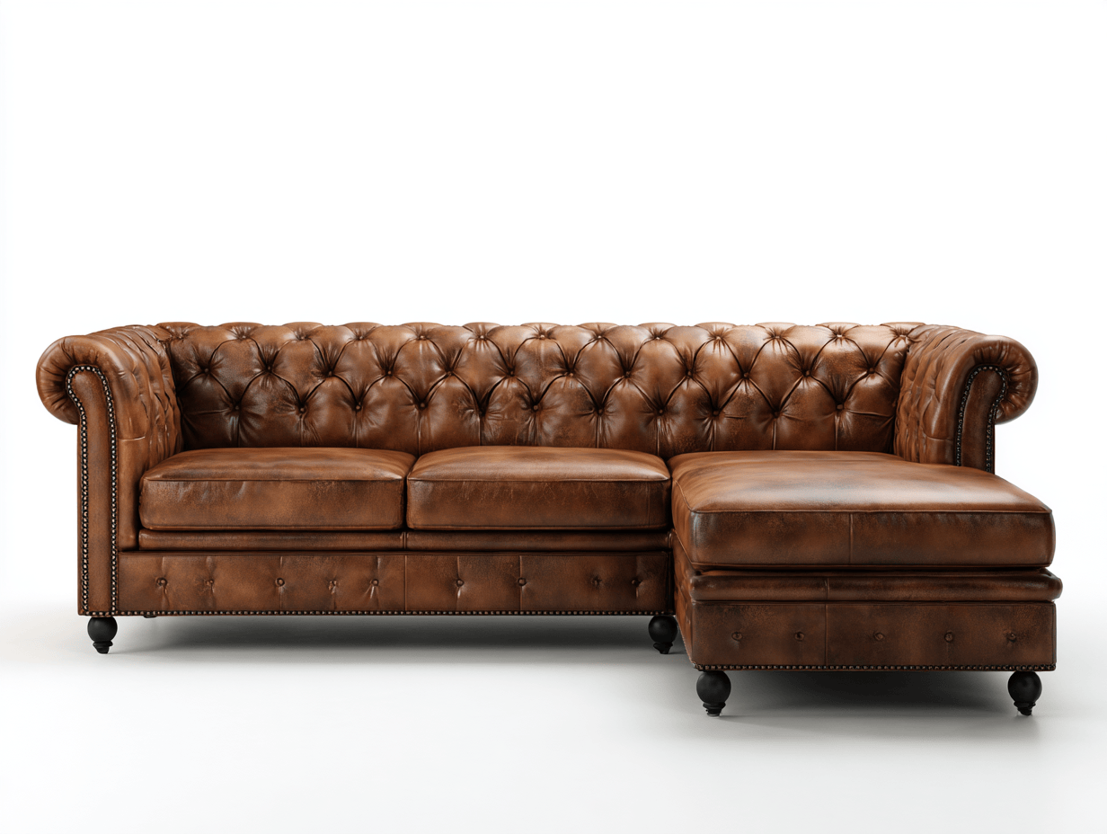 Hoekbank – kunstleer bruin – Chesterfield stijl met chaise longue en siernagels