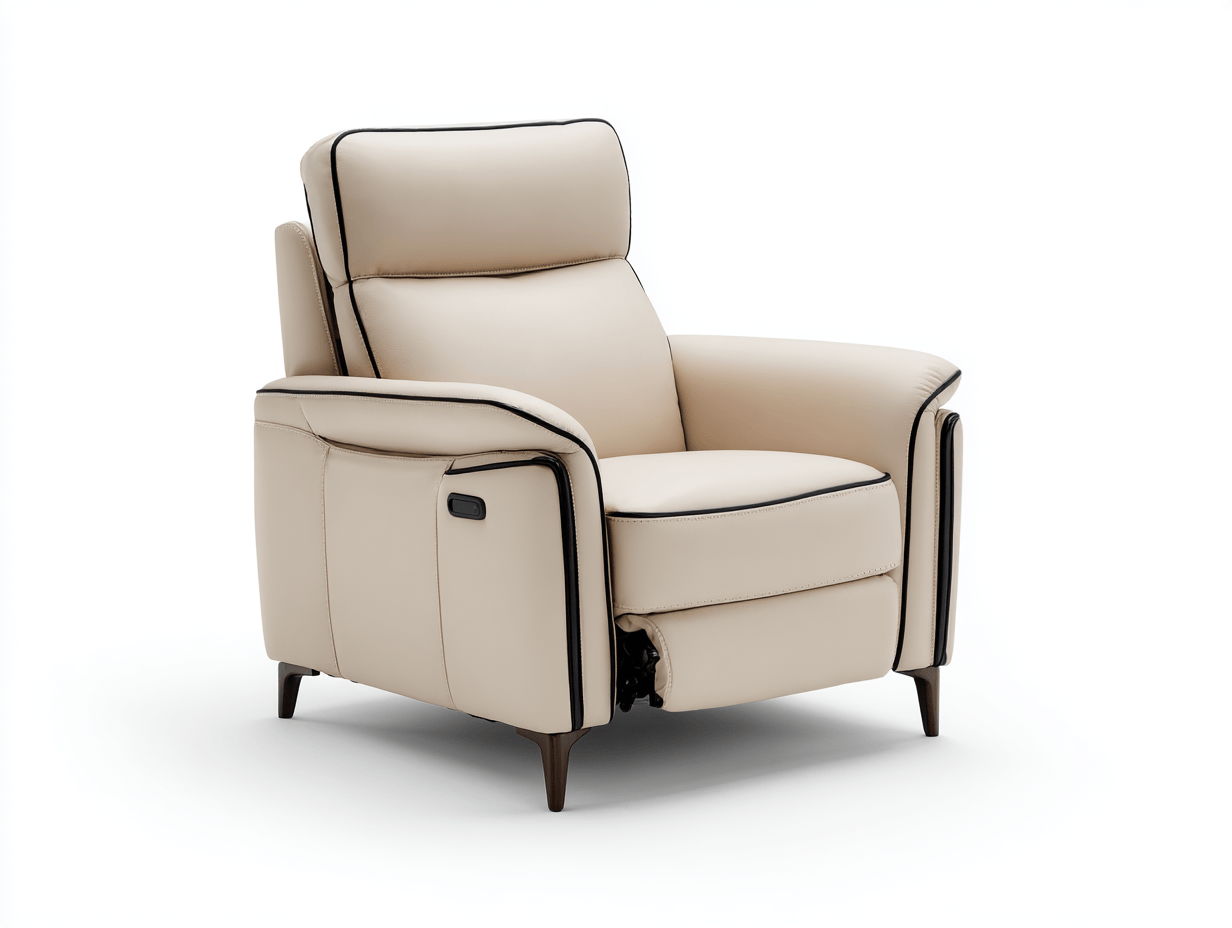 Fauteuil - kunstleer beige met zwarte bies - relaxfunctie