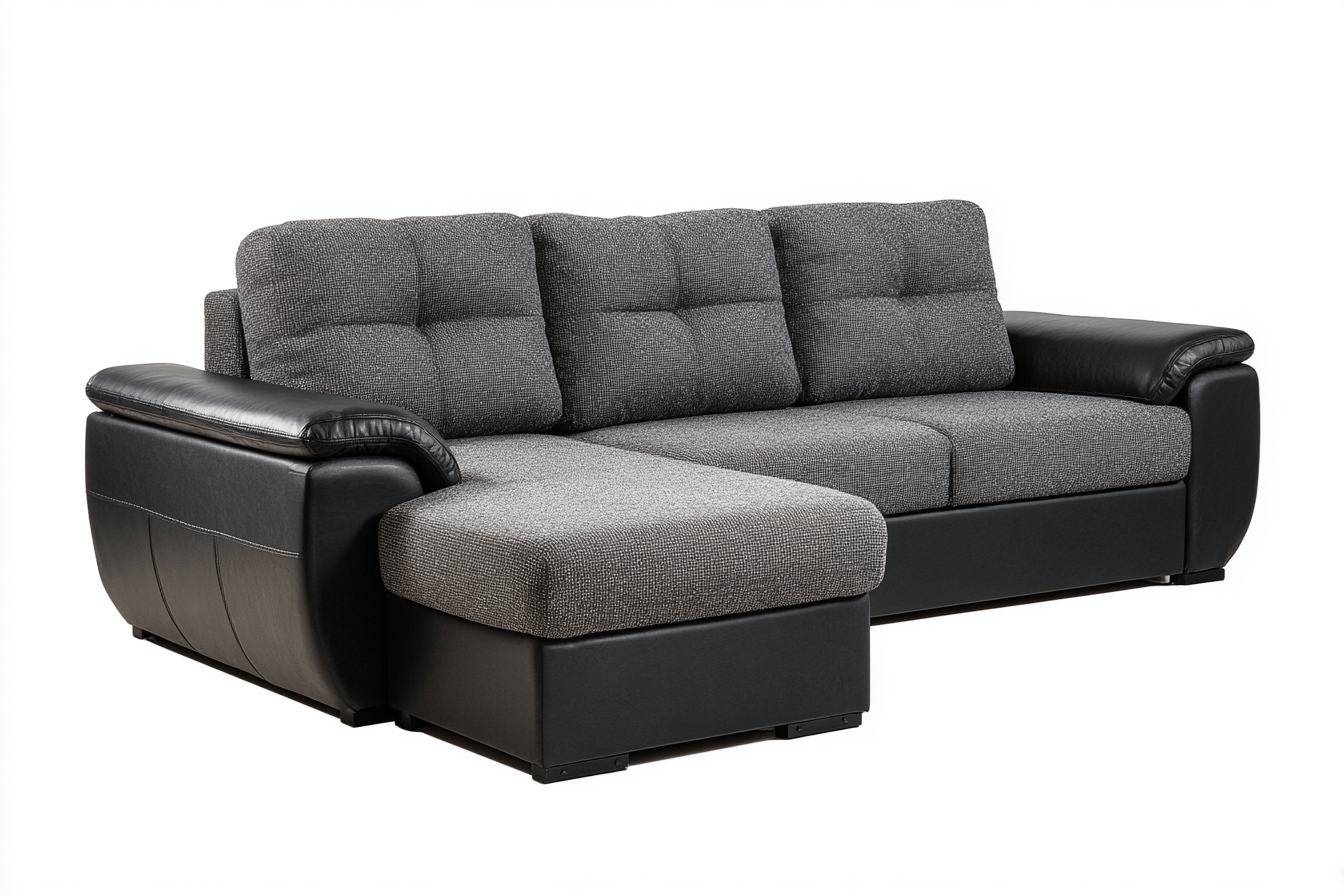 Hoekbank in stof en kunstleer – grijs/zwart – met chaise longue en drie rugkussens