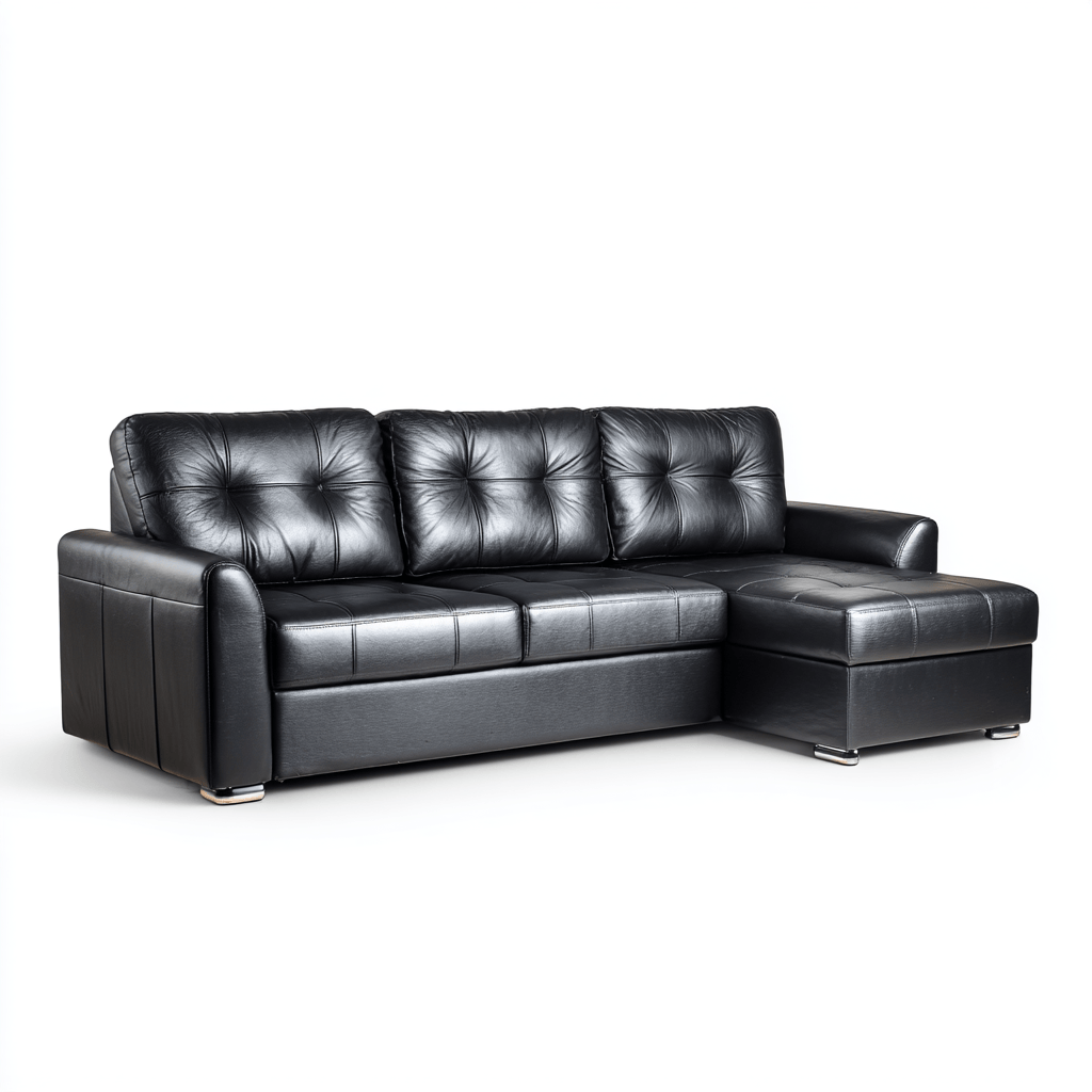 Echt leren hoekbank – zwart – met chaise longue en drie rugkussens