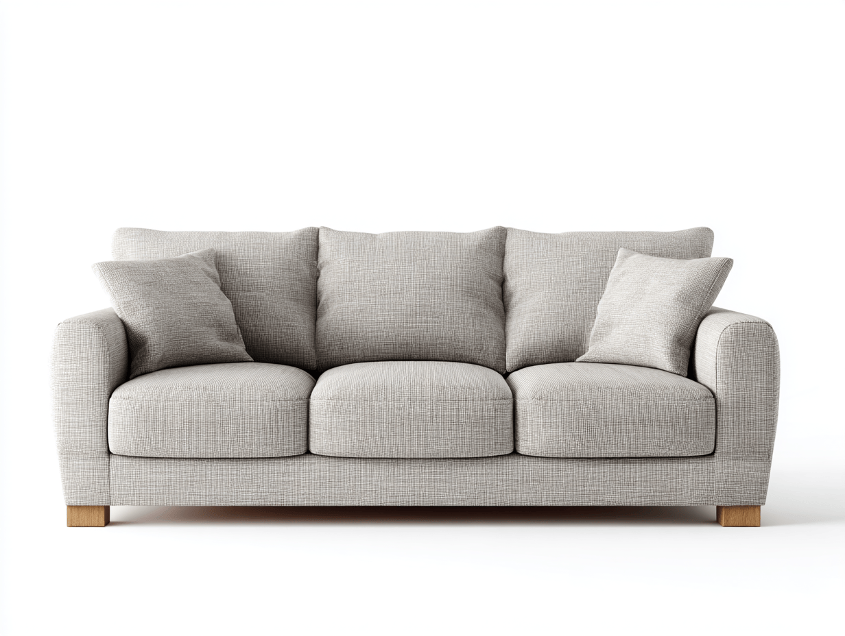 3-zitsbank – lichtgrijze stof – met 3 rugkussens en 2 sierkussens