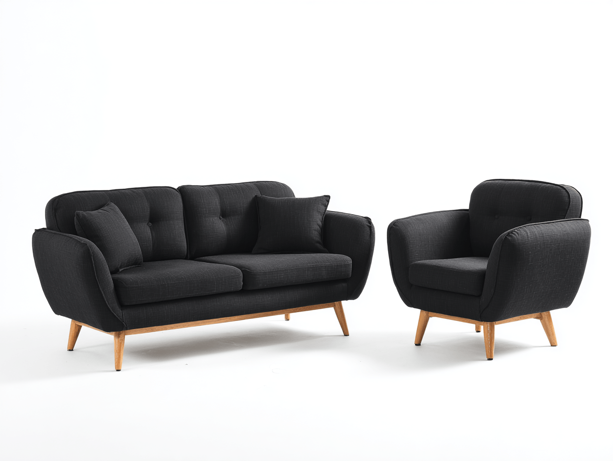 Tweepersoonsbank en fauteuil set - zwarte stof - houten poten - modern design