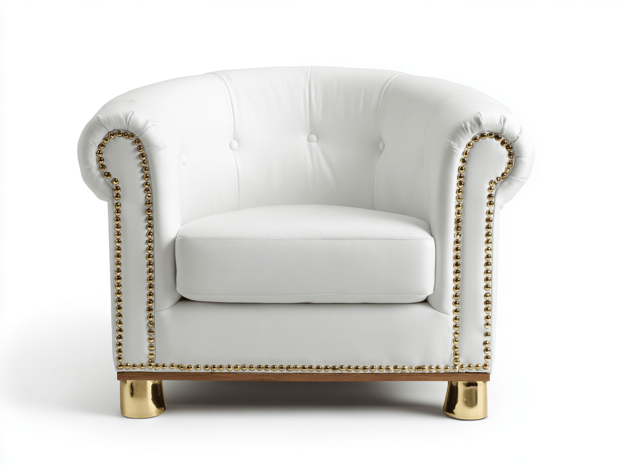 Fauteuil – echt leer – wit – klassieke stijl met messing accenten