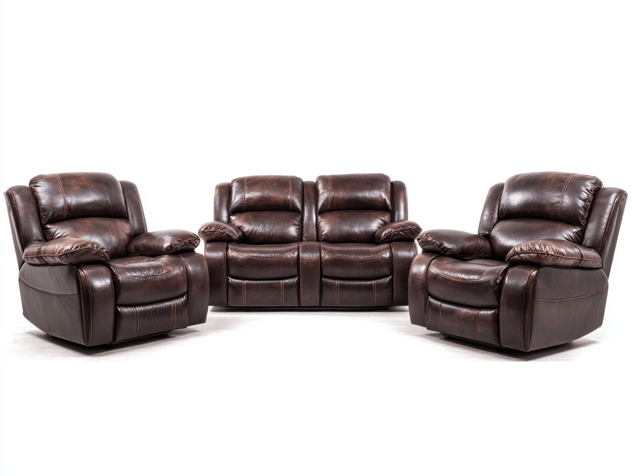 2-zits bank en 2 fauteuils set – echt leer – donkerbruin – met relaxfunctie