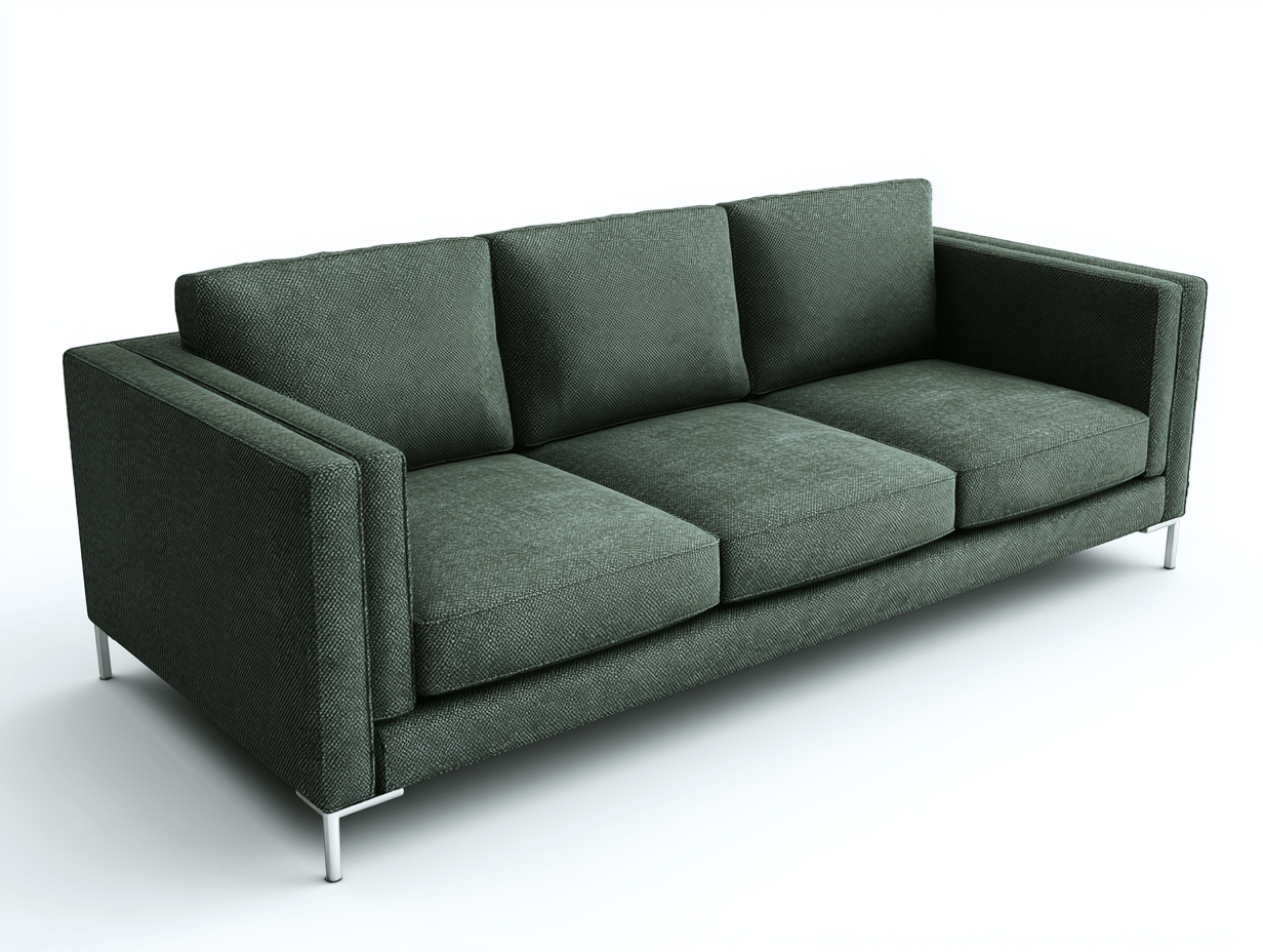 Driezitsbank - donkergroene stof - metalen poten - modern design