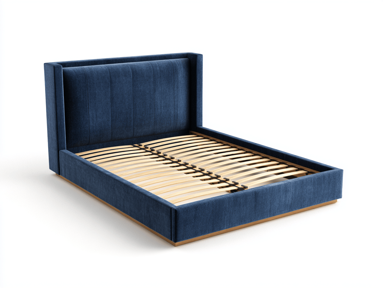 Tweepersoonsbed - fluweel donkerblauw textiel - houten lattenbodem - hoog hoofdbord