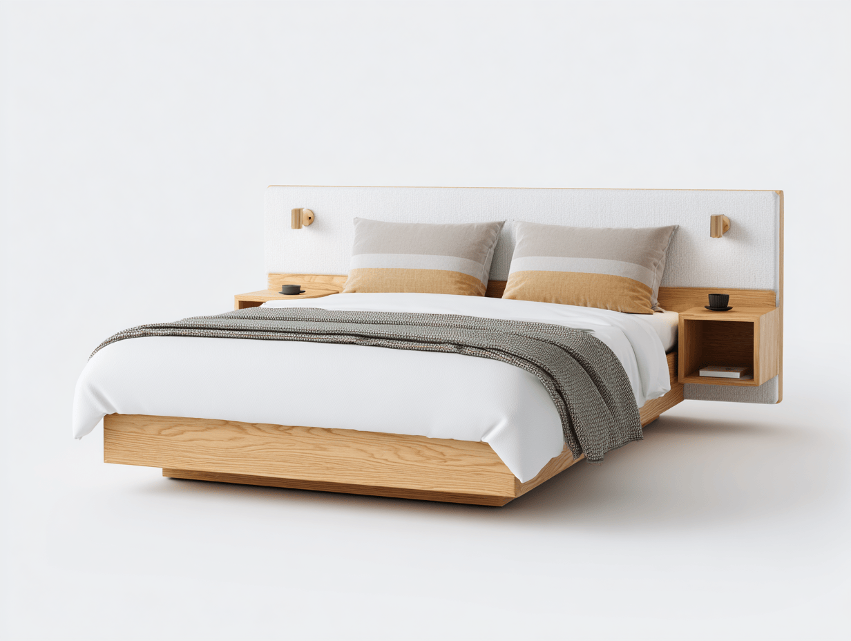 Houten tweepersoonsbed - eikenhout en wit - met geïntegreerde nachtkastjes