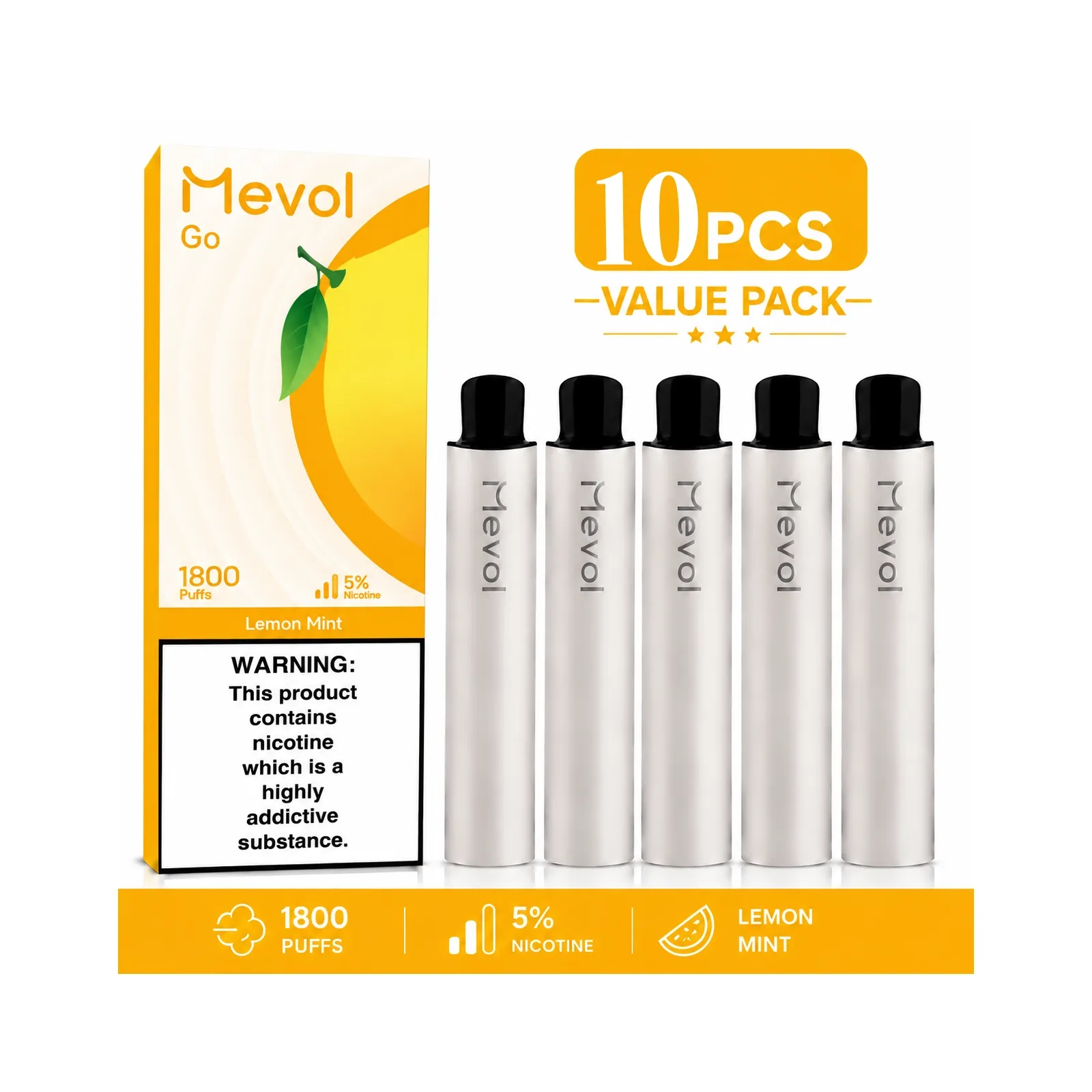 10Pcs Mevol Go 1800 Puffs 5% 5.2ml